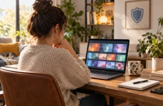 Une personne consulte un catalogue d’animation générique sur un ordinateur dans un cadre sécurisé.