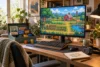 Un bureau de joueur affiche un jeu de ferme en pixel art générique avec des dossiers de modules abstraits.
