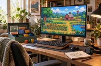 Un bureau de joueur affiche un jeu de ferme en pixel art générique avec des dossiers de modules abstraits.