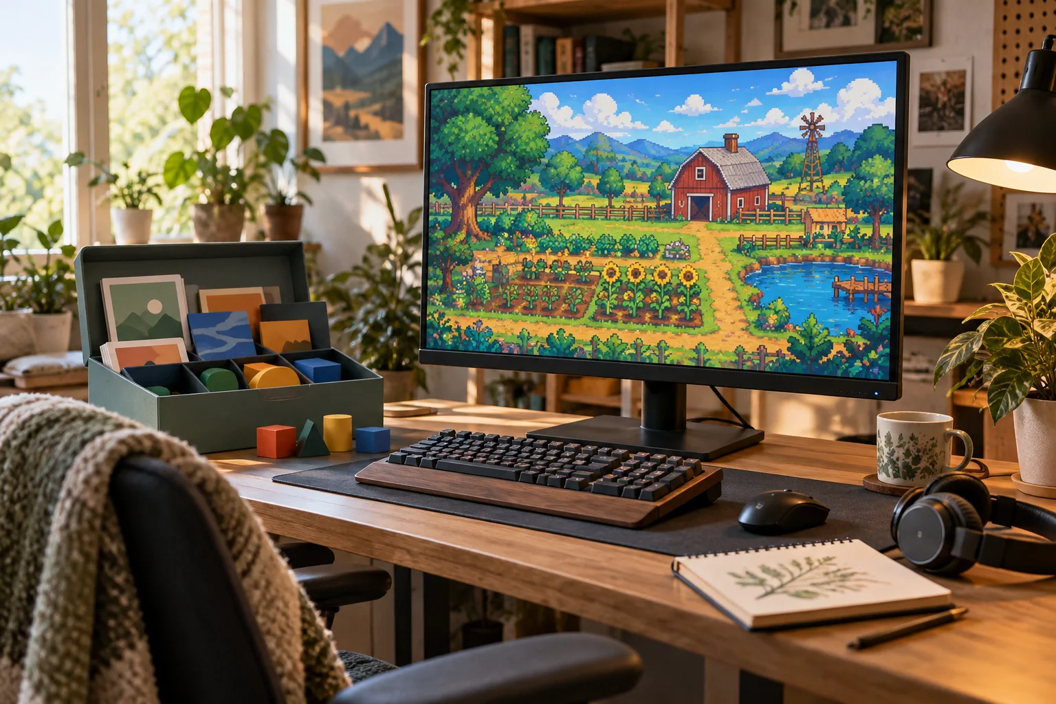 Un bureau de joueur affiche un jeu de ferme en pixel art générique avec des dossiers de modules abstraits.
