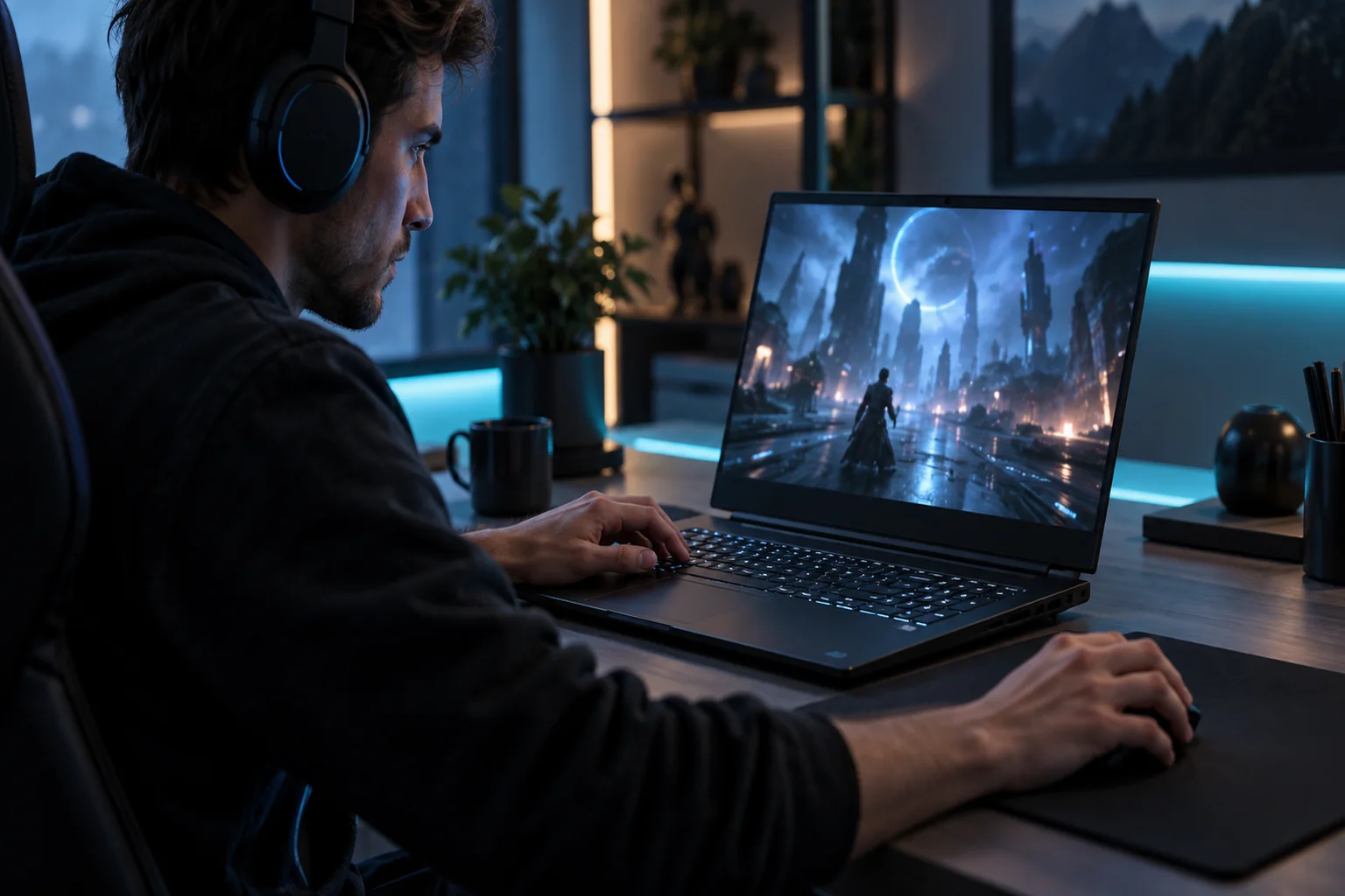 Joueur utilisant un ordinateur portable gaming générique sur un bureau moderne.