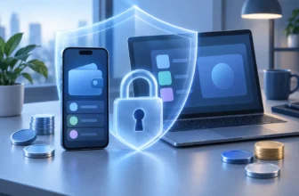 Un smartphone et un ordinateur représentent un portefeuille numérique protégé par un cadenas et un bouclier.