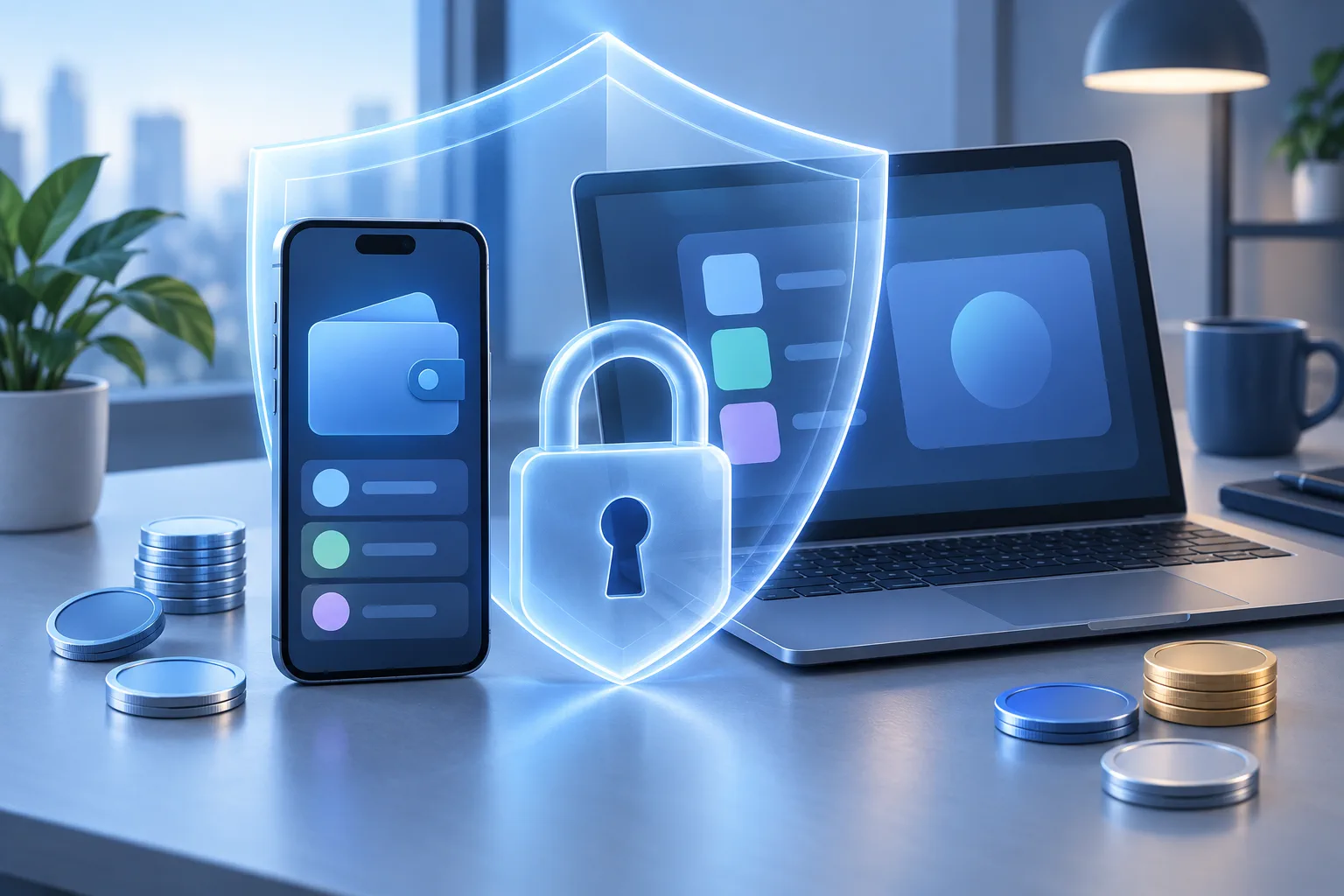 Un smartphone et un ordinateur représentent un portefeuille numérique protégé par un cadenas et un bouclier.