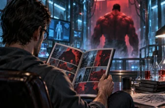Lecteur consultant une bande dessinée devant une silhouette rouge de super-héros générique.