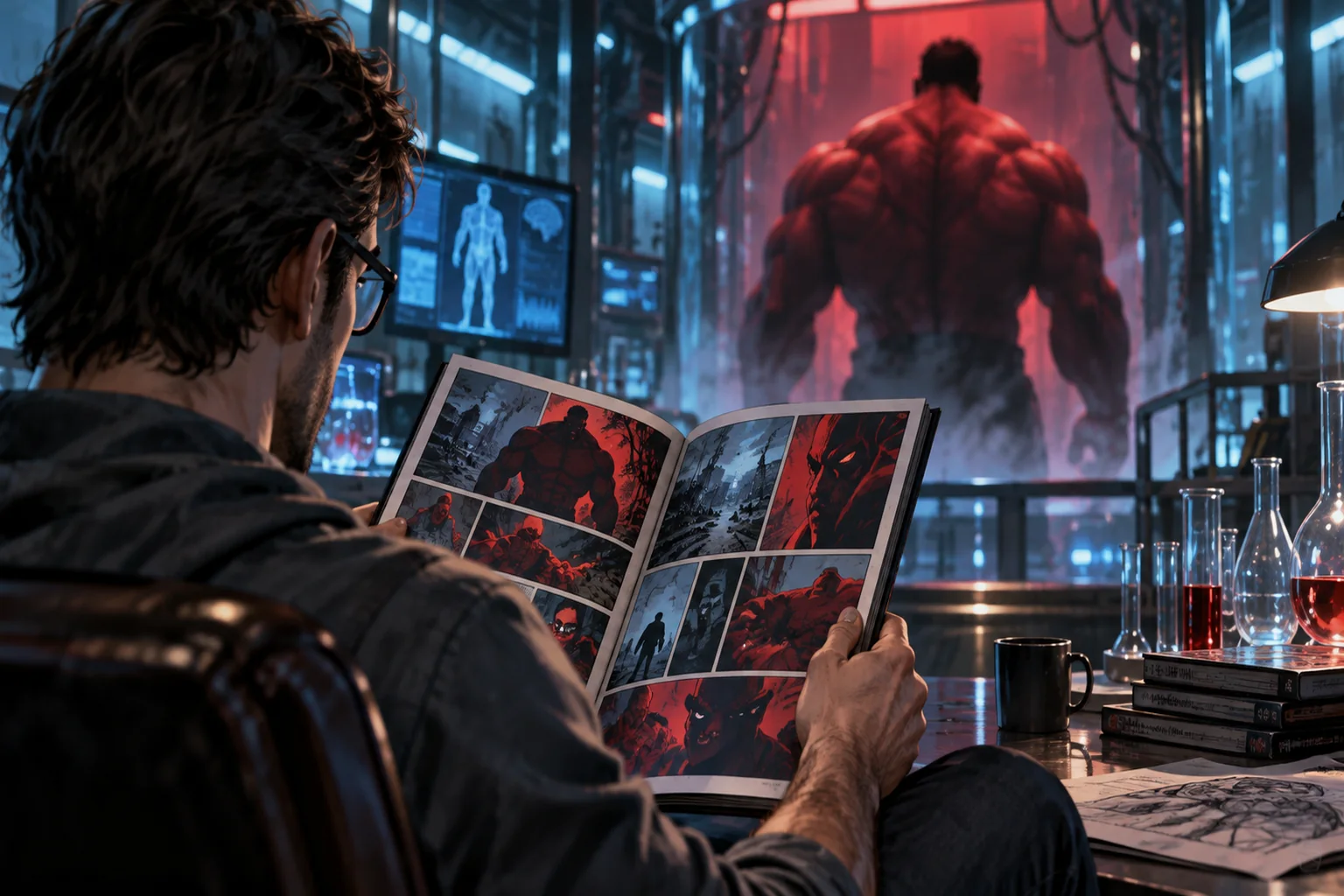 Lecteur consultant une bande dessinée devant une silhouette rouge de super-héros générique.