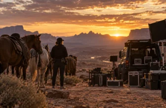 Silhouette d’une professionnelle de plateau près de chevaux dans un paysage de l’Utah.