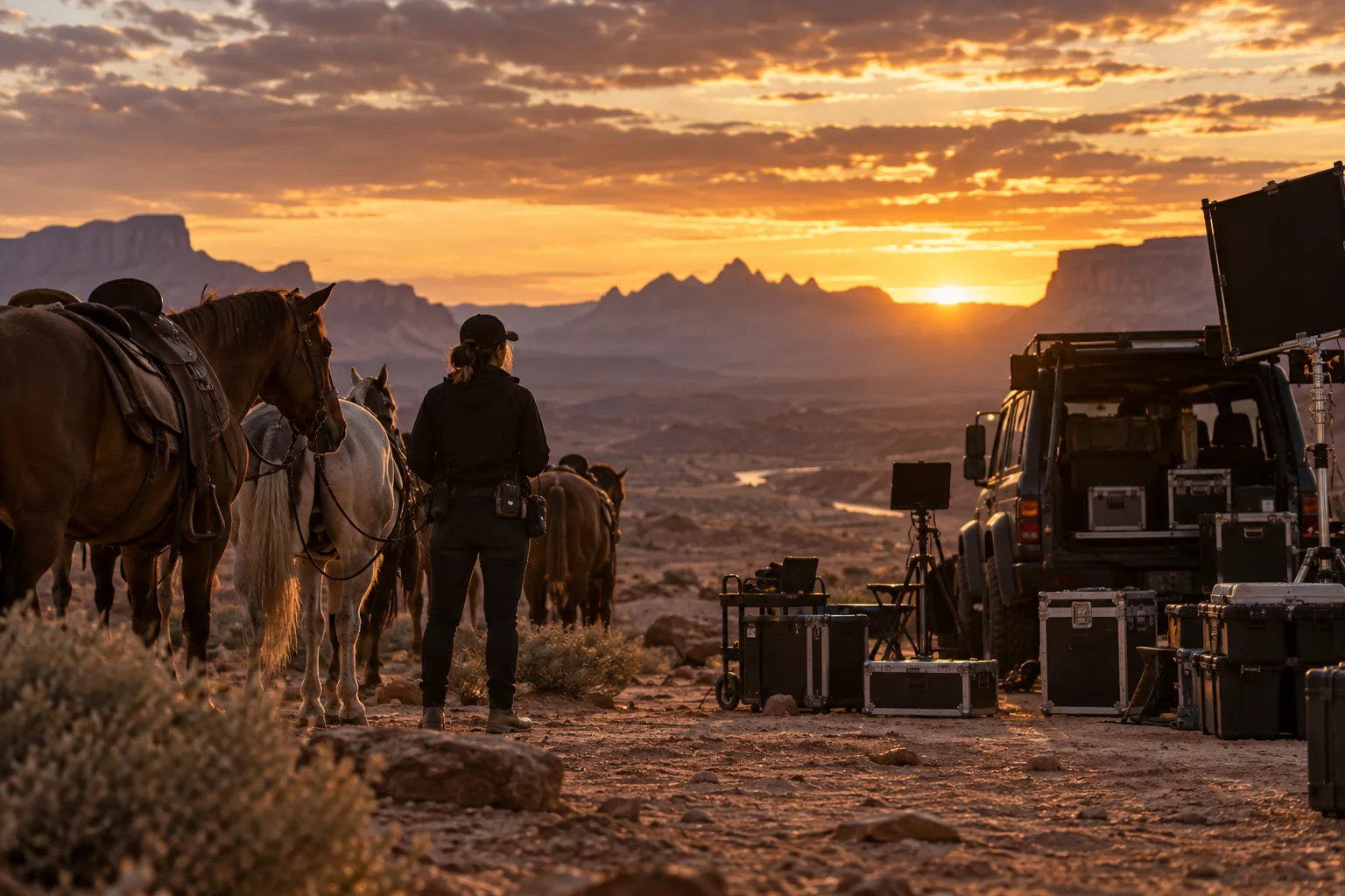 Silhouette d’une professionnelle de plateau près de chevaux dans un paysage de l’Utah.