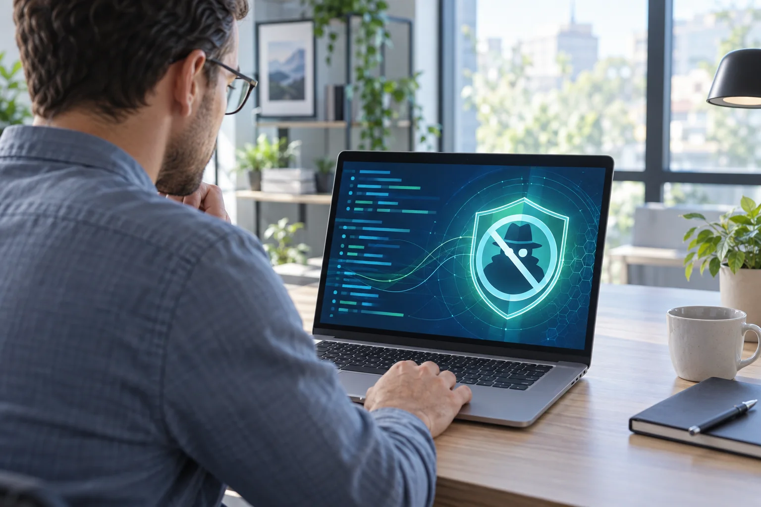 Utilisateur vérifiant la protection de son ordinateur contre un logiciel espion.