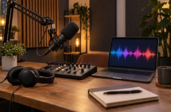Un studio de podcast réunit un microphone, un casque, une console et un ordinateur affichant une forme d’onde.