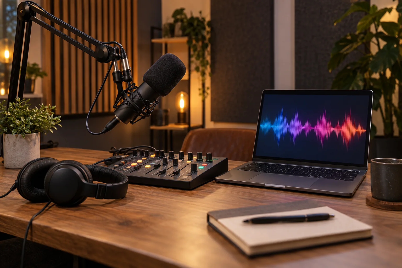 Un studio de podcast réunit un microphone, un casque, une console et un ordinateur affichant une forme d’onde.
