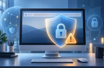 Un écran générique affiche un bouclier et une alerte pour inviter à vérifier une adresse web.