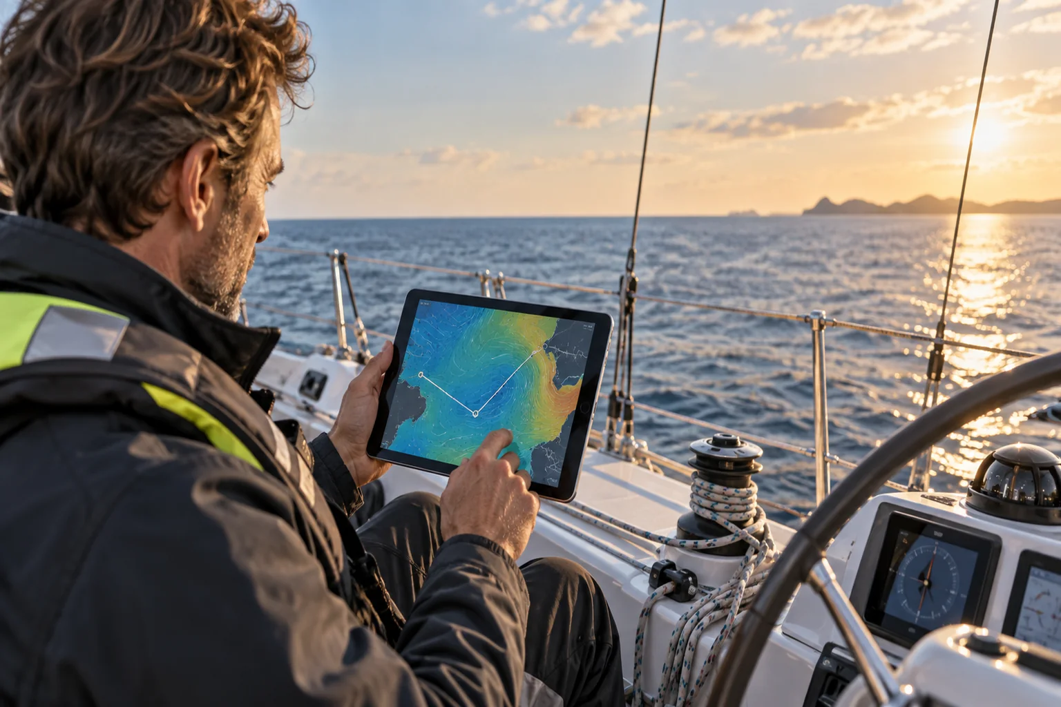 Navigateur consultant une route météo abstraite sur une tablette à bord d’un voilier.