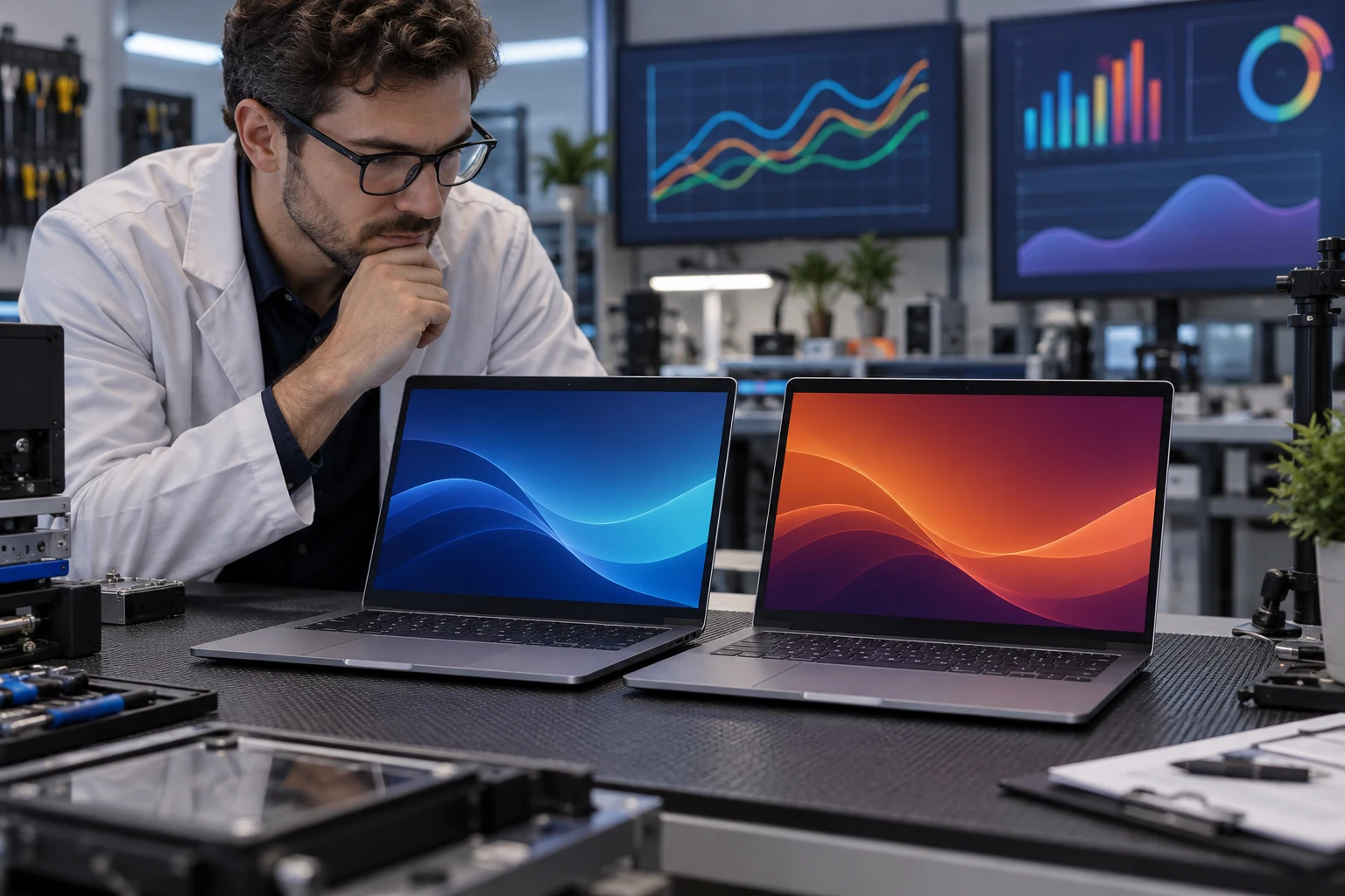 Deux ordinateurs portables génériques sont comparés sur un banc de test.