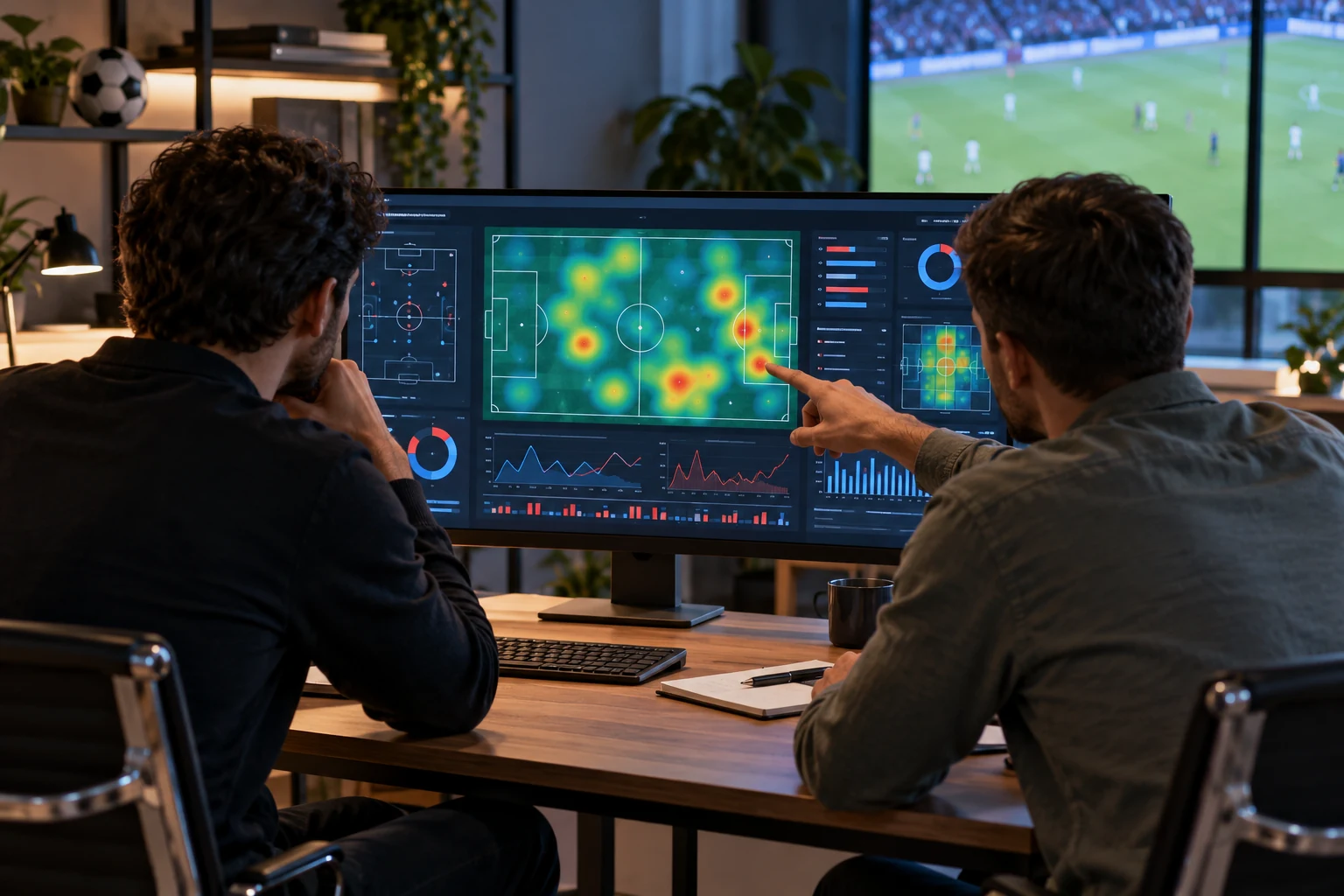 Deux analystes étudiant une carte de chaleur et les statistiques d’un match.