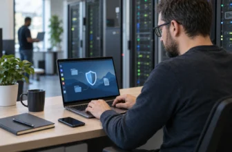 Un administrateur système travaille sur un ordinateur portable devant des serveurs.