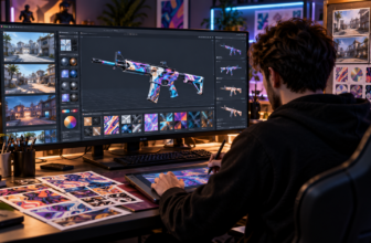 Artiste numérique créant un skin coloré pour une arme de jeu vidéo générique