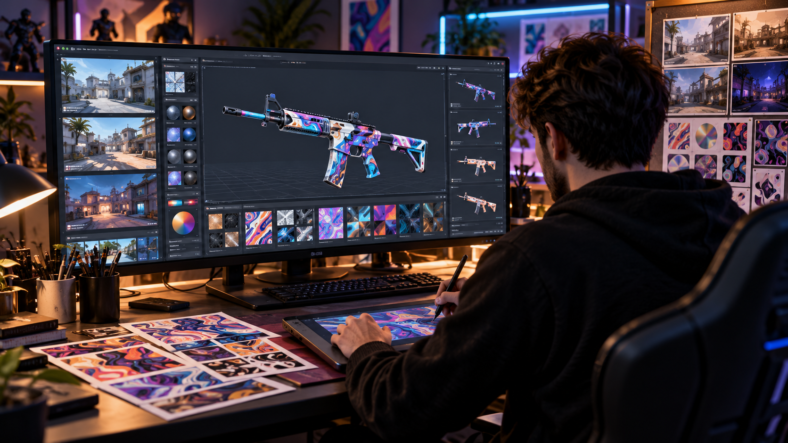 Artiste numérique créant un skin coloré pour une arme de jeu vidéo générique