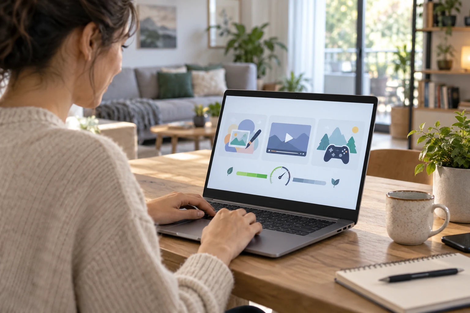 Une personne utilise un ordinateur portable générique pour la création, la vidéo et le jeu léger.