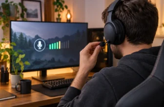 Un joueur ajuste le microphone d’un casque générique devant son ordinateur.