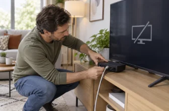 Une personne vérifie les câbles d’un boîtier TV générique après une perte de signal.