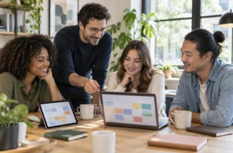 Une équipe collabore autour d’un calendrier numérique abstrait affiché sur ordinateur et tablette.