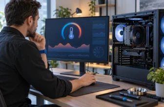 Un technicien surveille les données thermiques abstraites d’une tour PC ouverte.