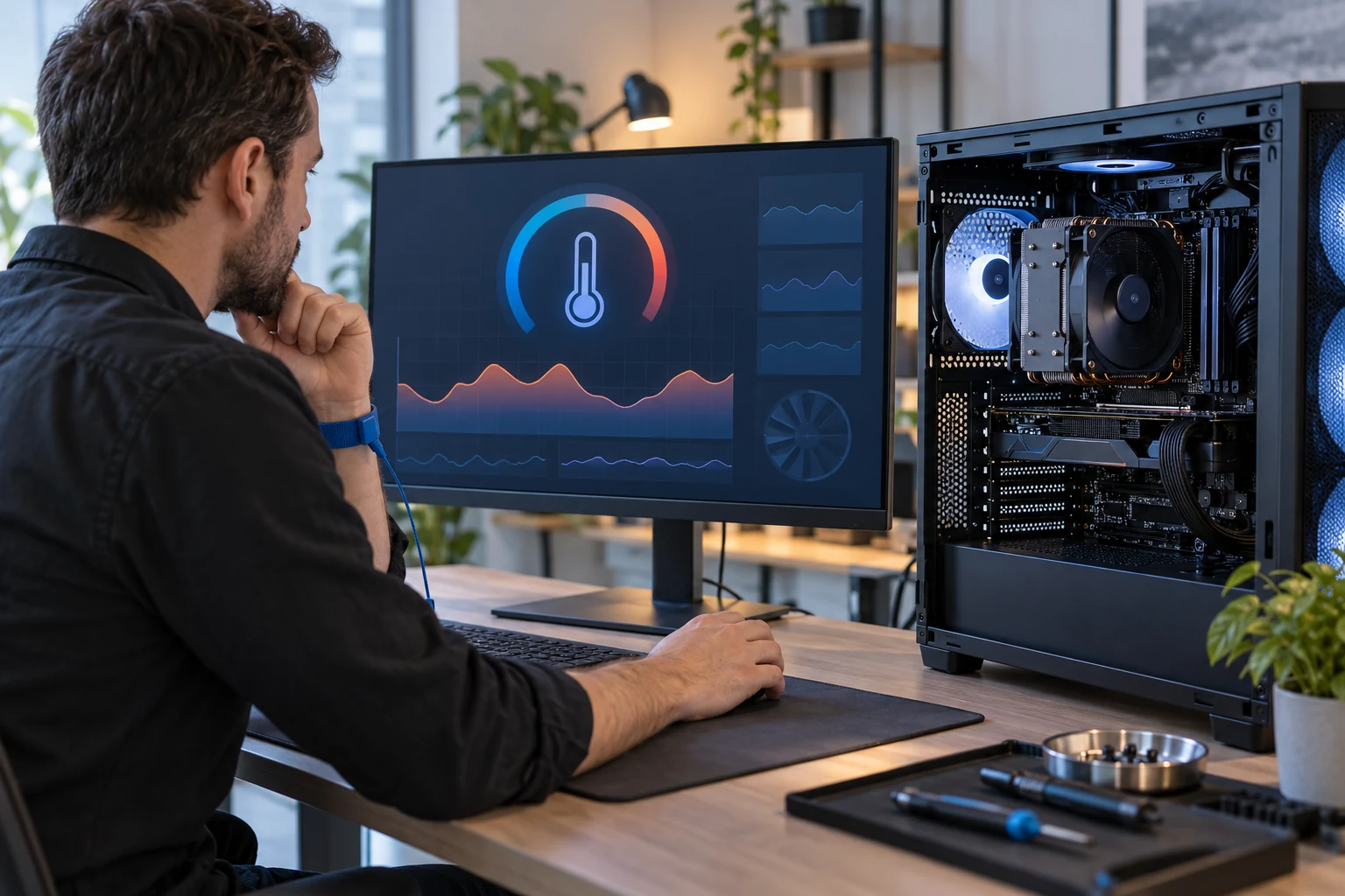 Un technicien surveille les données thermiques abstraites d’une tour PC ouverte.