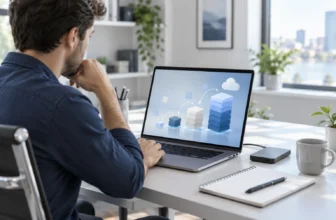 Un analyste observe une représentation abstraite de volumes de données sur un ordinateur portable.