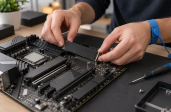 Un technicien portant un bracelet antistatique installe un SSD M.2 générique dans un ordinateur.