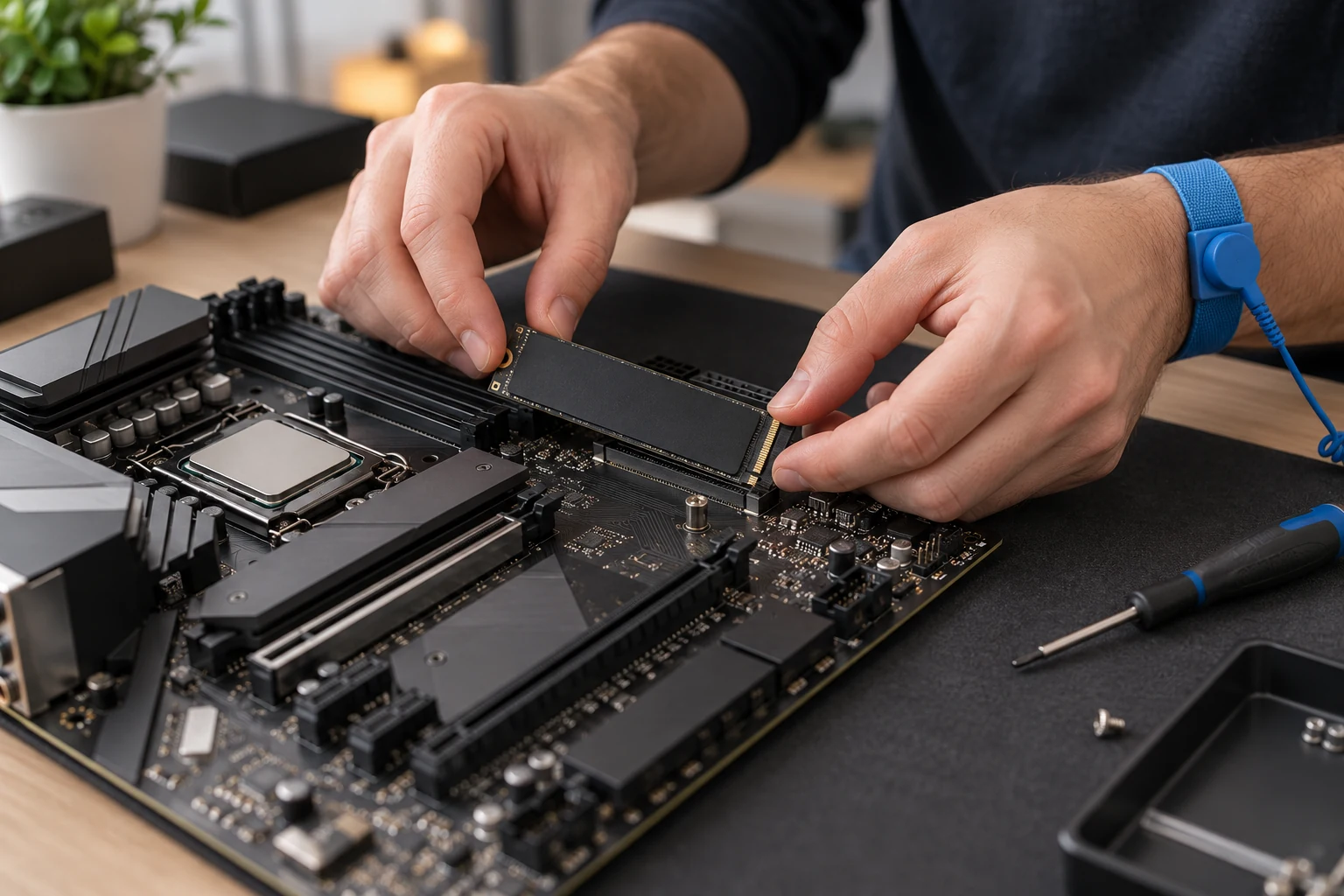 Un technicien portant un bracelet antistatique installe un SSD M.2 générique dans un ordinateur.