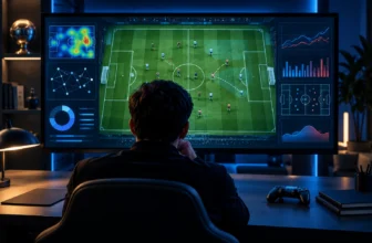Analyste observant un terrain de football et des graphiques de données sur un écran.