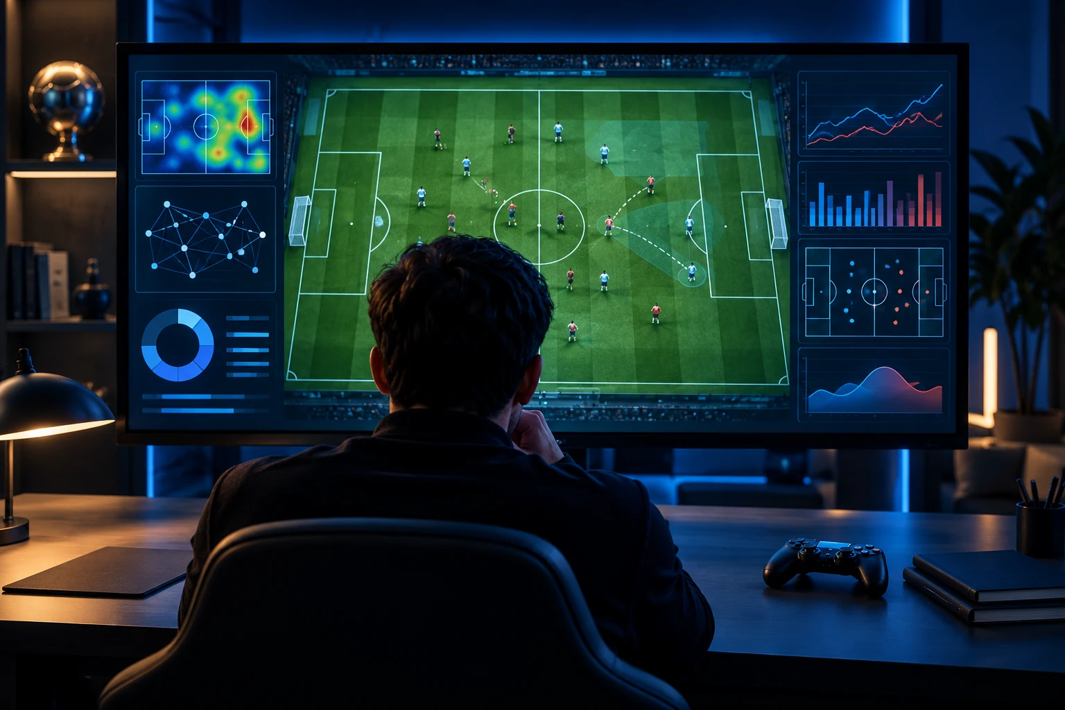 Analyste observant un terrain de football et des graphiques de données sur un écran.