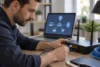 Un technicien vérifie un câble Ethernet et un routeur générique près d’un ordinateur portable.