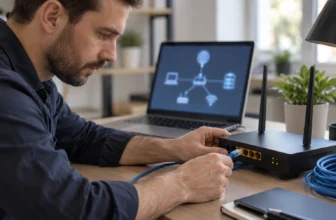 Un technicien vérifie un câble Ethernet et un routeur générique près d’un ordinateur portable.