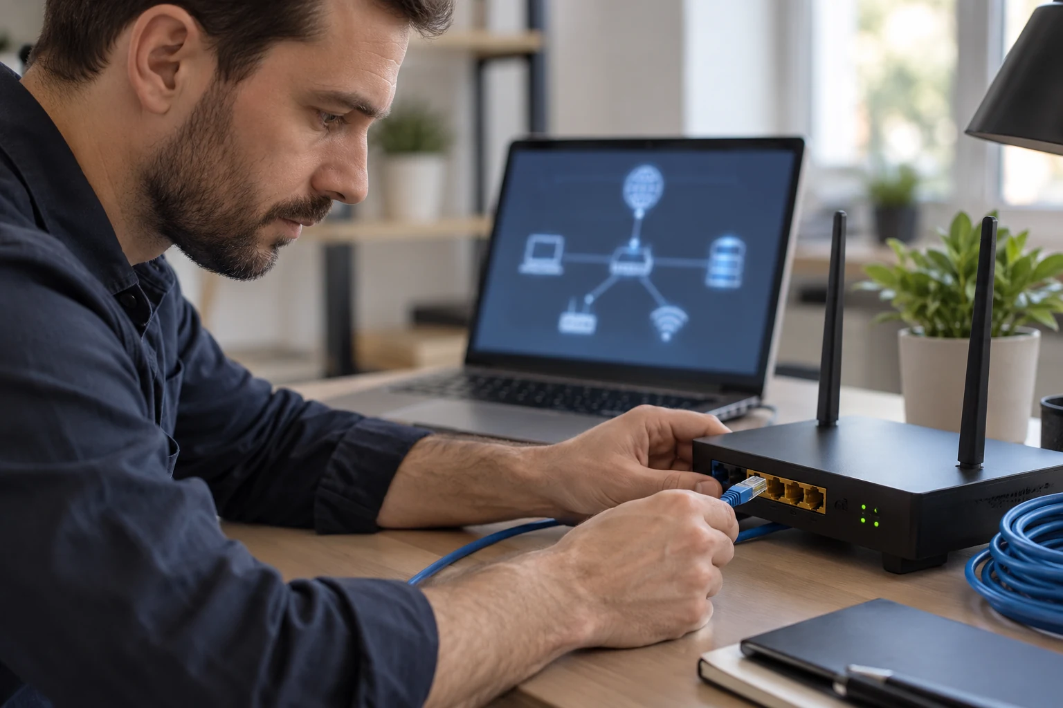 Un technicien vérifie un câble Ethernet et un routeur générique près d’un ordinateur portable.