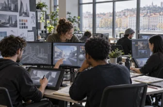 Des étudiants travaillent en équipe sur des projets de jeu vidéo dans un studio-école moderne.