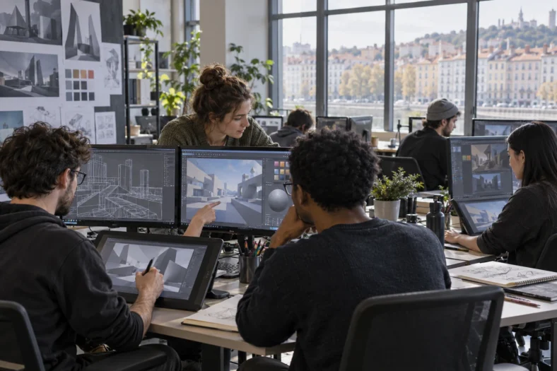 Des étudiants travaillent en équipe sur des projets de jeu vidéo dans un studio-école moderne.