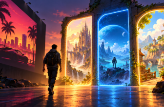 Joueur face à plusieurs portails ouvrant sur des univers de jeux vidéo