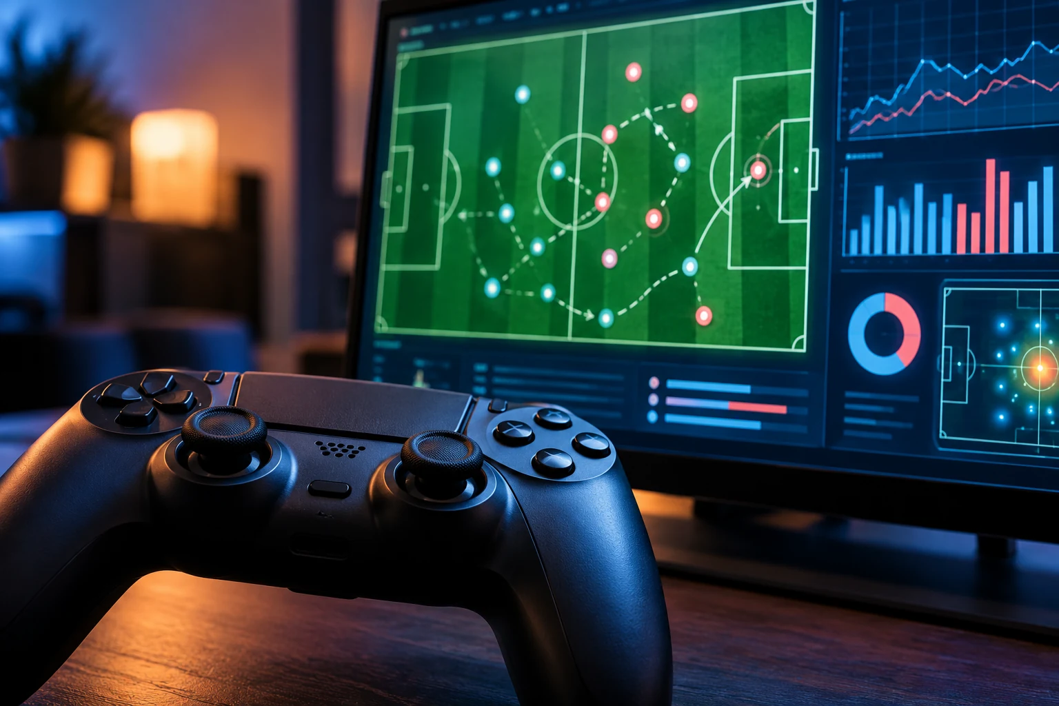 Manette de jeu devant un écran de tactique et de données football.