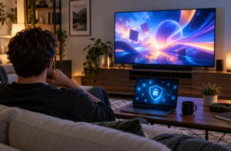 Un spectateur consulte un catalogue d’animation générique dans un salon, avec un ordinateur évoquant la sécurité en ligne.