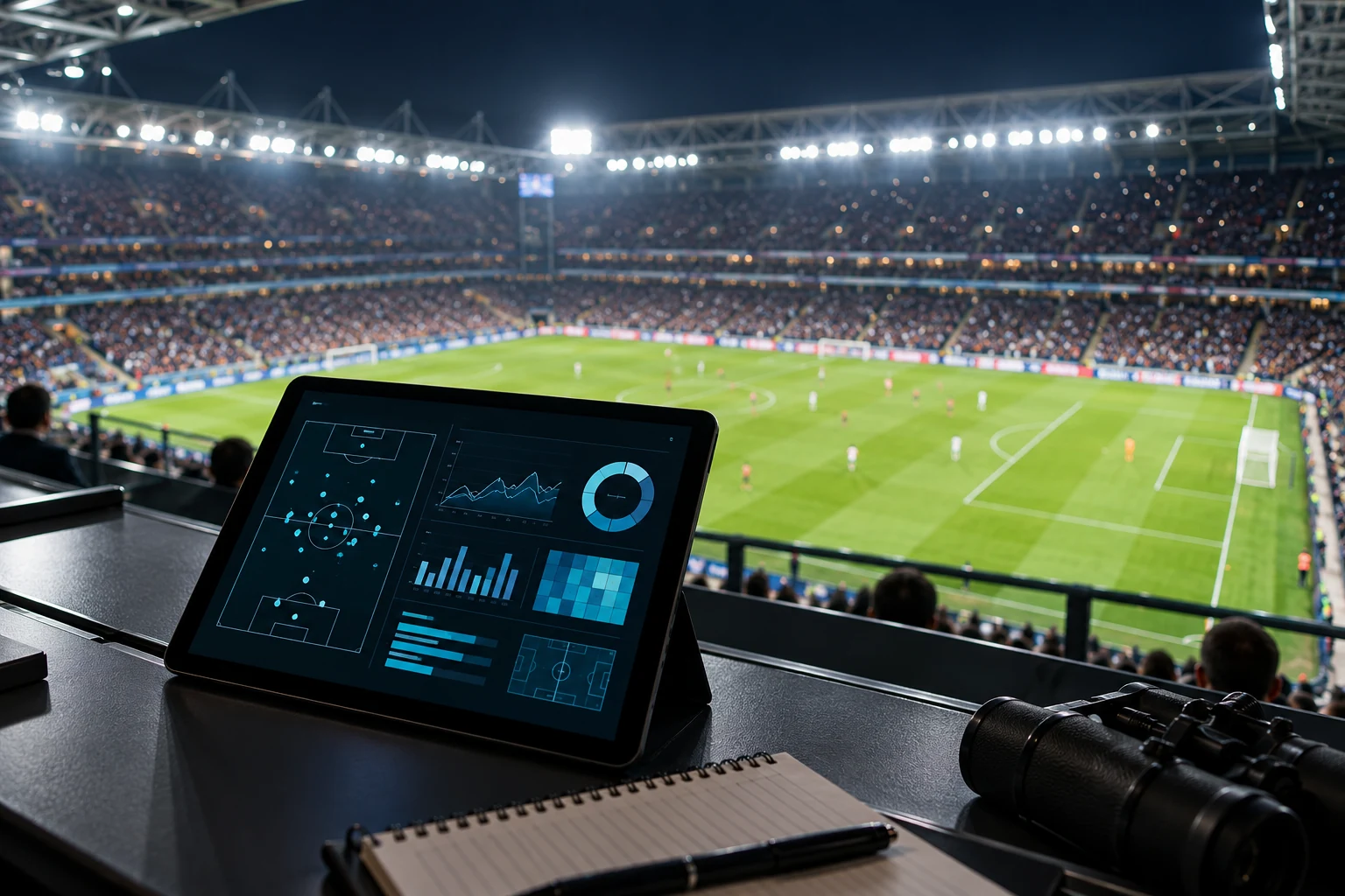 Tablette d’analyse de performance devant un stade de football éclairé.