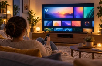Un spectateur choisit un contenu vidéo légal sur un téléviseur affichant des vignettes abstraites.
