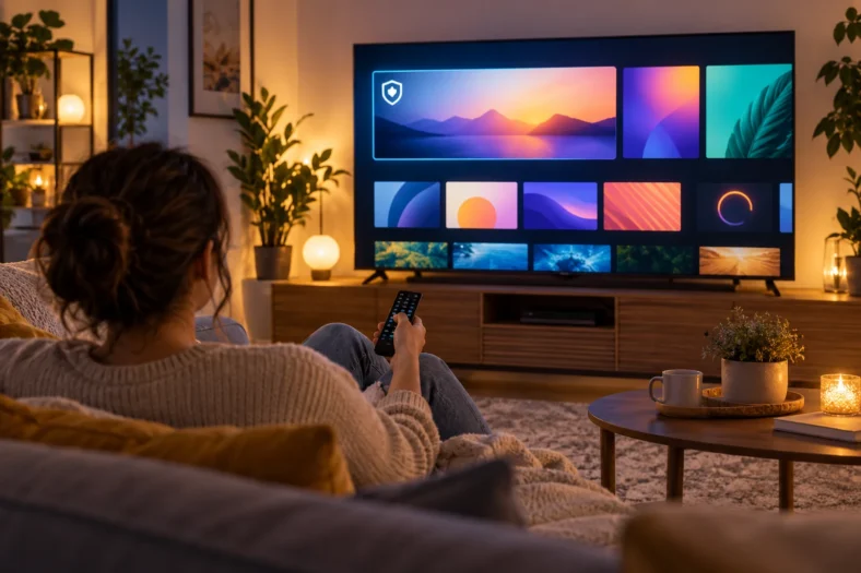 Un spectateur choisit un contenu vidéo légal sur un téléviseur affichant des vignettes abstraites.